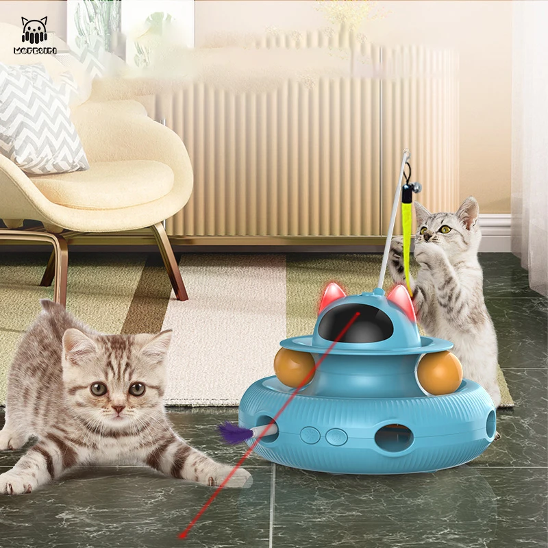 

MOFESIPI Turntable Cat Toys Balls With Teaser Stick Two-layer Cats Rotating Toys Electronic Interactive Toy For Cats