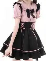 Cute Sweet Lolita Dr Set Women's School Sle Princ Skirt Blouse Two-Piece Set High Waist A-Line ort Sve Doll Collar - Image 4
