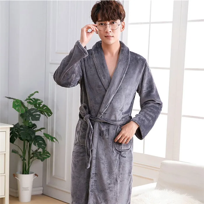 Men Casual Kimono Bathrobe Autumn Winter Flannel Long Robe Thick Warm Sleepwear Plus Size 3XL Nightgown Male Loose Home Wear silk sleepwear Men's Sleep & Lounge