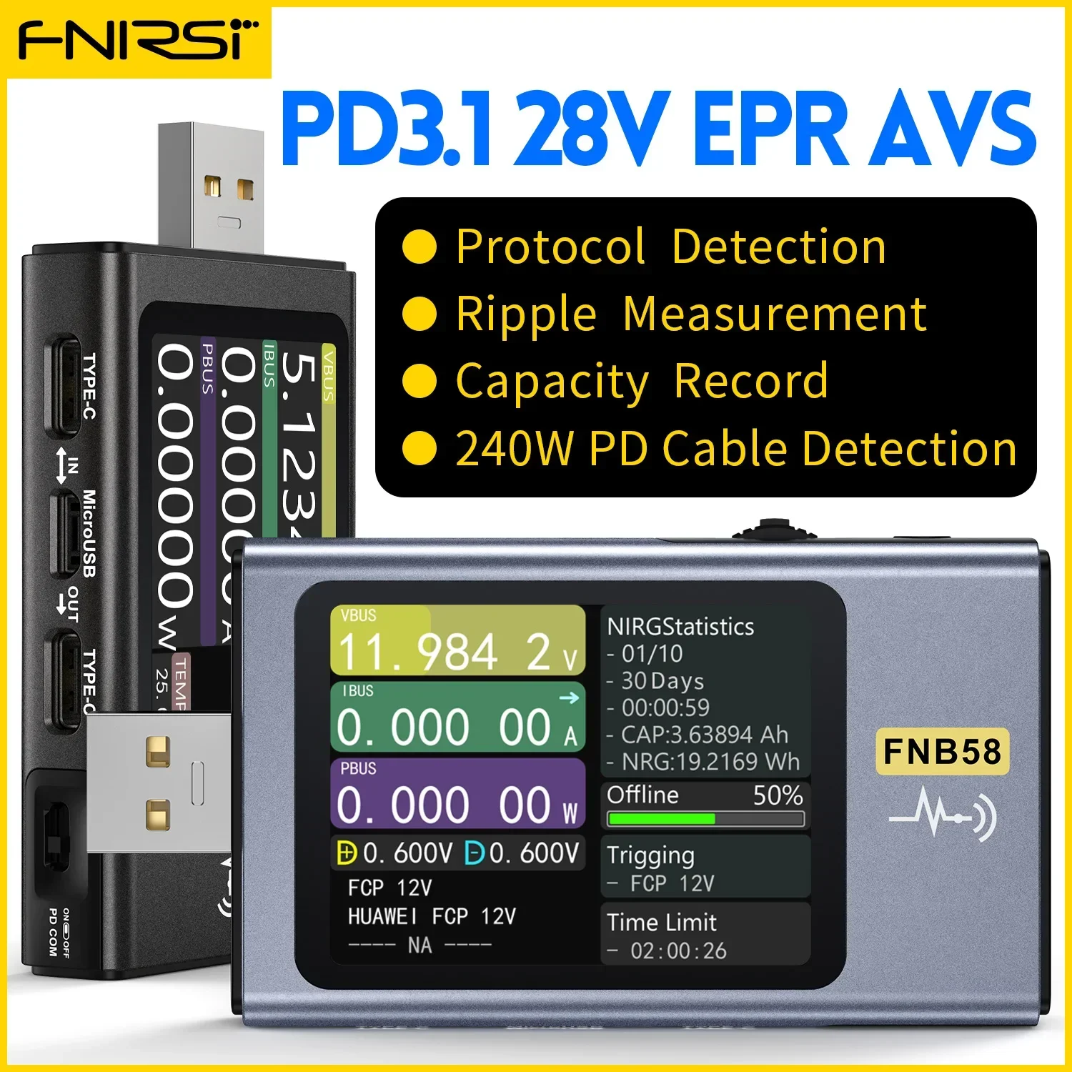 FNIRSI 새로운 FNB58 USB 테스터: 전압계, 전류계, TYPE - C..