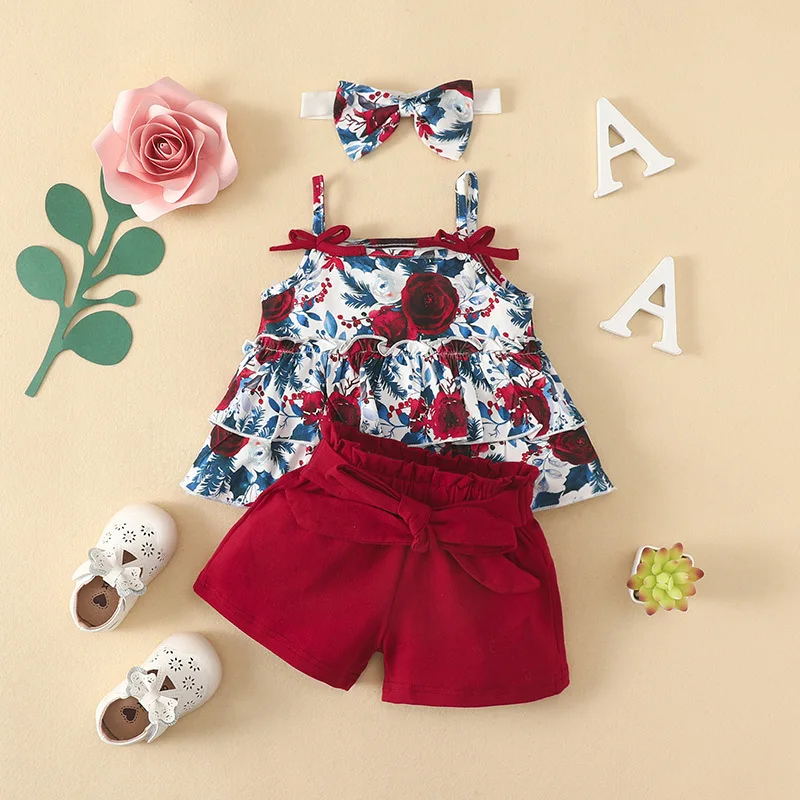 

Baby Halter Top + Shorts + Headband Three-piece Set 0-2 Years Old Baby Printed Top and Pants Suit Newborn Baby Girl Clothes
