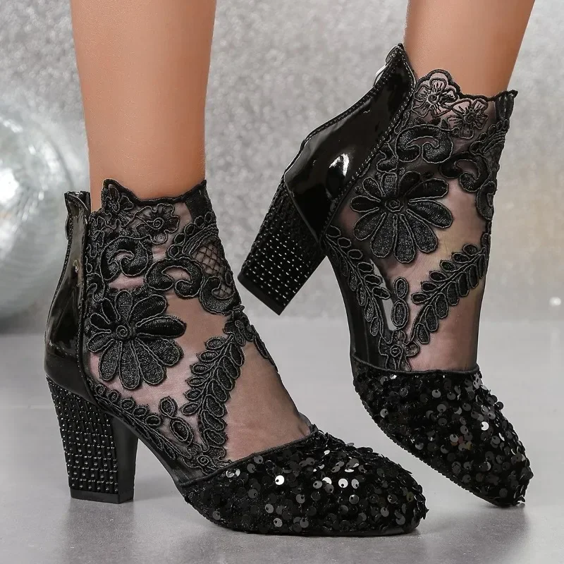 Womens Shoes 2024 New Zipper Womens Boots Fashion Bling Modern Boots Hot Plus Size Square Heel Pointed Toe Ankle Bo