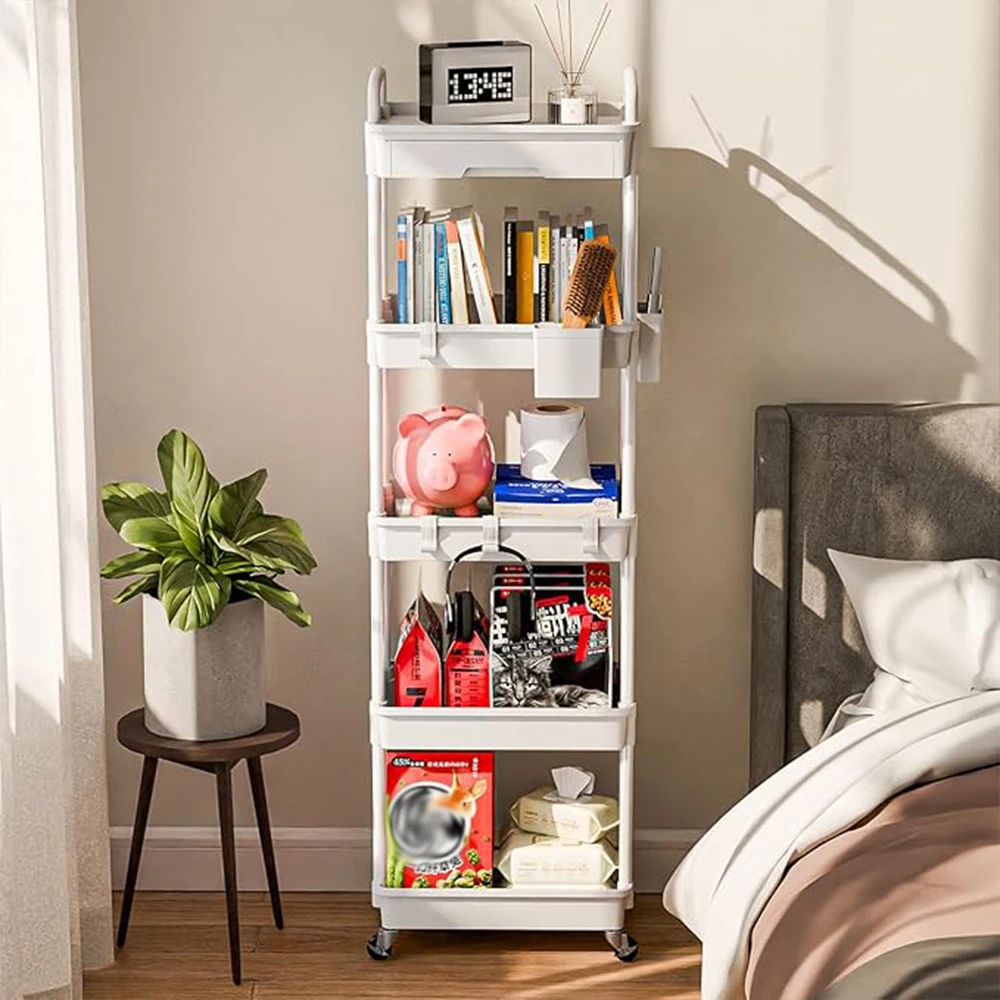 5 Tier Rolling Utility Cart with Drawer, Cart Made of Multifunctional Storage Organizer Tool for Kitchen,Bathroom,Living Room