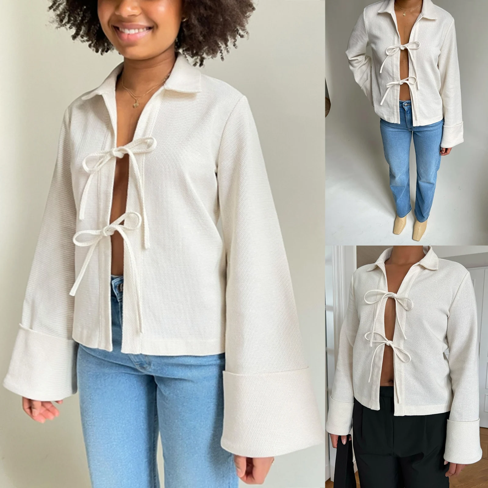 

Women Coat Tops Lapel Neck Long Sleeve Soild Color Button Down Knitted Cropped Cardigans