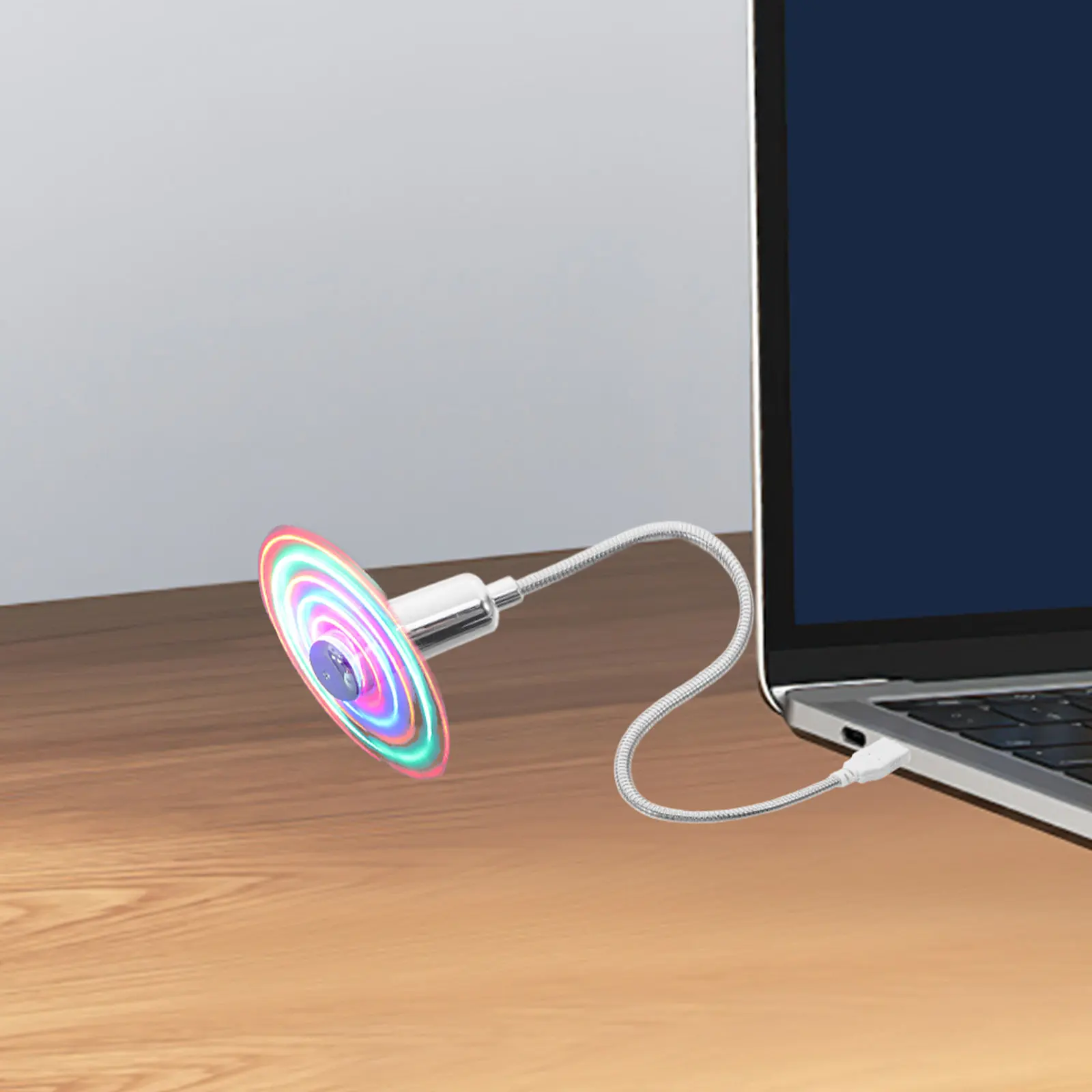 미니 USB 팬 실버 다채로운 LED 원형 패턴 USB 전원 팬 휴대용 데스크탑 노트북 냉각 장치 41Cm 길이