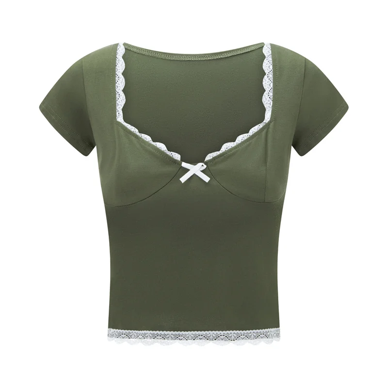 y2k Lace Trim Crop Top Women Sweetheart Neck Short Sleeve T Shirt with Bow Coquette Aesthetic Clothes 2000s Streetwear