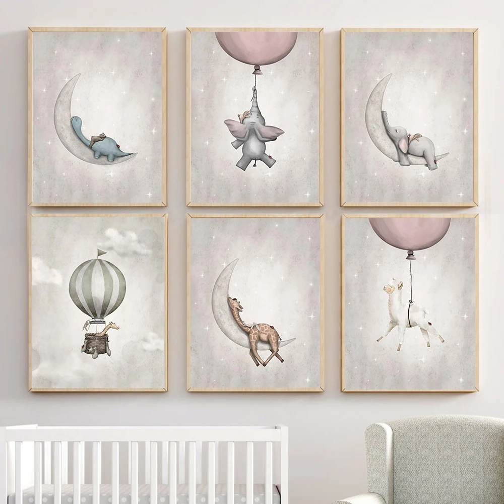 

Giraffe Elephant Giraffe Moon Canvas Painting Baby Nursery Art Poster Print Decorative Picture Nordic Kid Girl Bedroom Decor