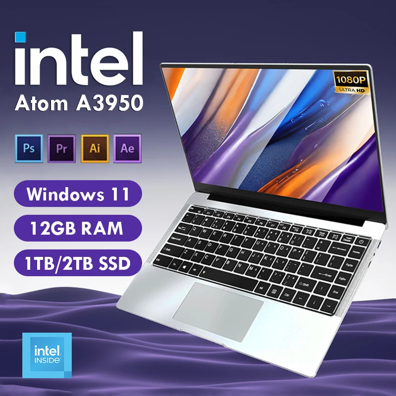 14.1inch Intel Atom A3950 Laptop Computer Windows 11 Pro 2025 Notebook PC 12GB RAM 512GB 1TB SSD 1920*1080 Office Computer PC