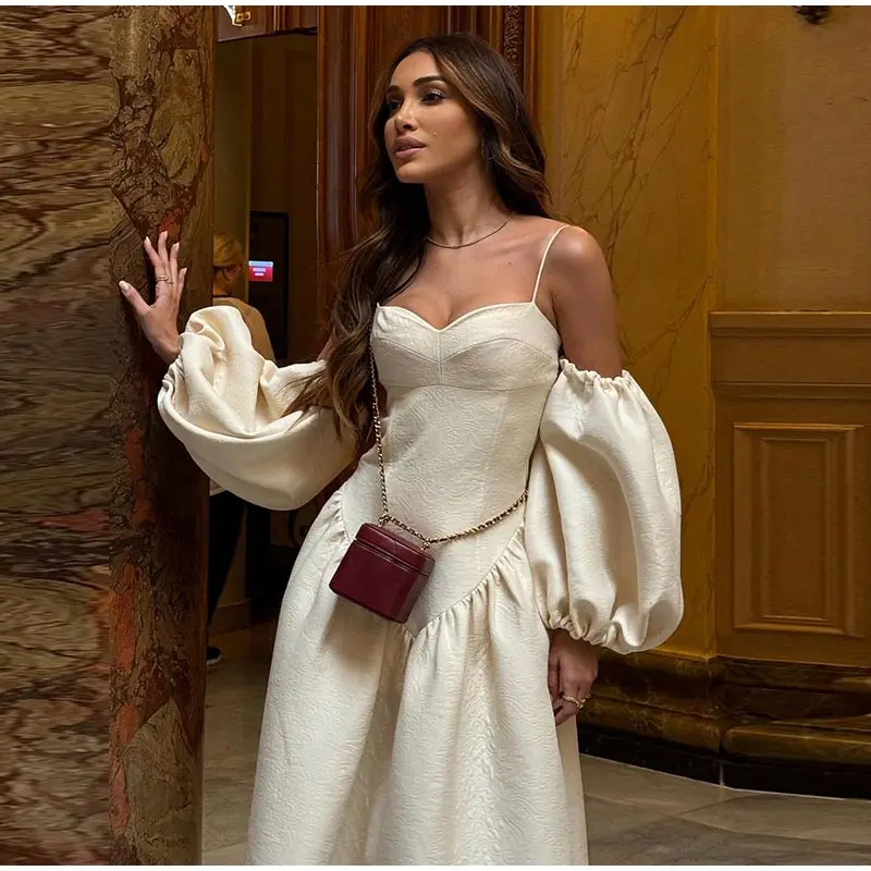 Elegant Puff Sleeve Sling Dresses Women Retro White Slim Fit Tube Dress Female Autumn Summer Versatile Street Party Evening