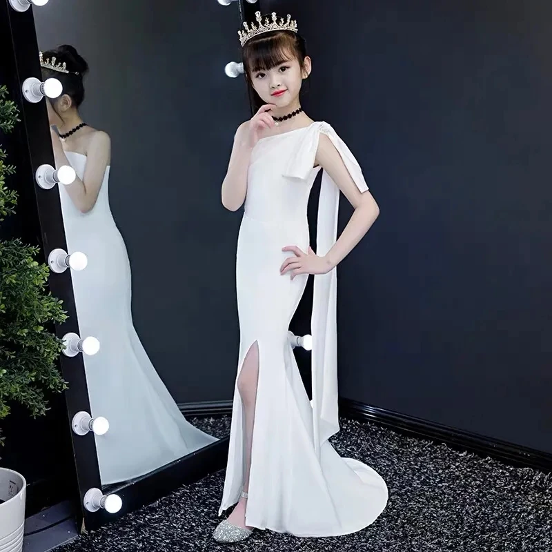 

White Ribbon Sexy Slit Teens Evening Dress Children Girl Bodycon Ball Gown Birthday Elegant Mermaid Girls Wedding Party Dresses