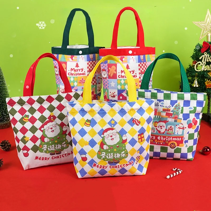Cartoon Christmas Gift Bag Santa Claus Plaid Canvas Tote Bag Christmas Eve Apples Gift Box Handbag Large Capacity Shopping Bag