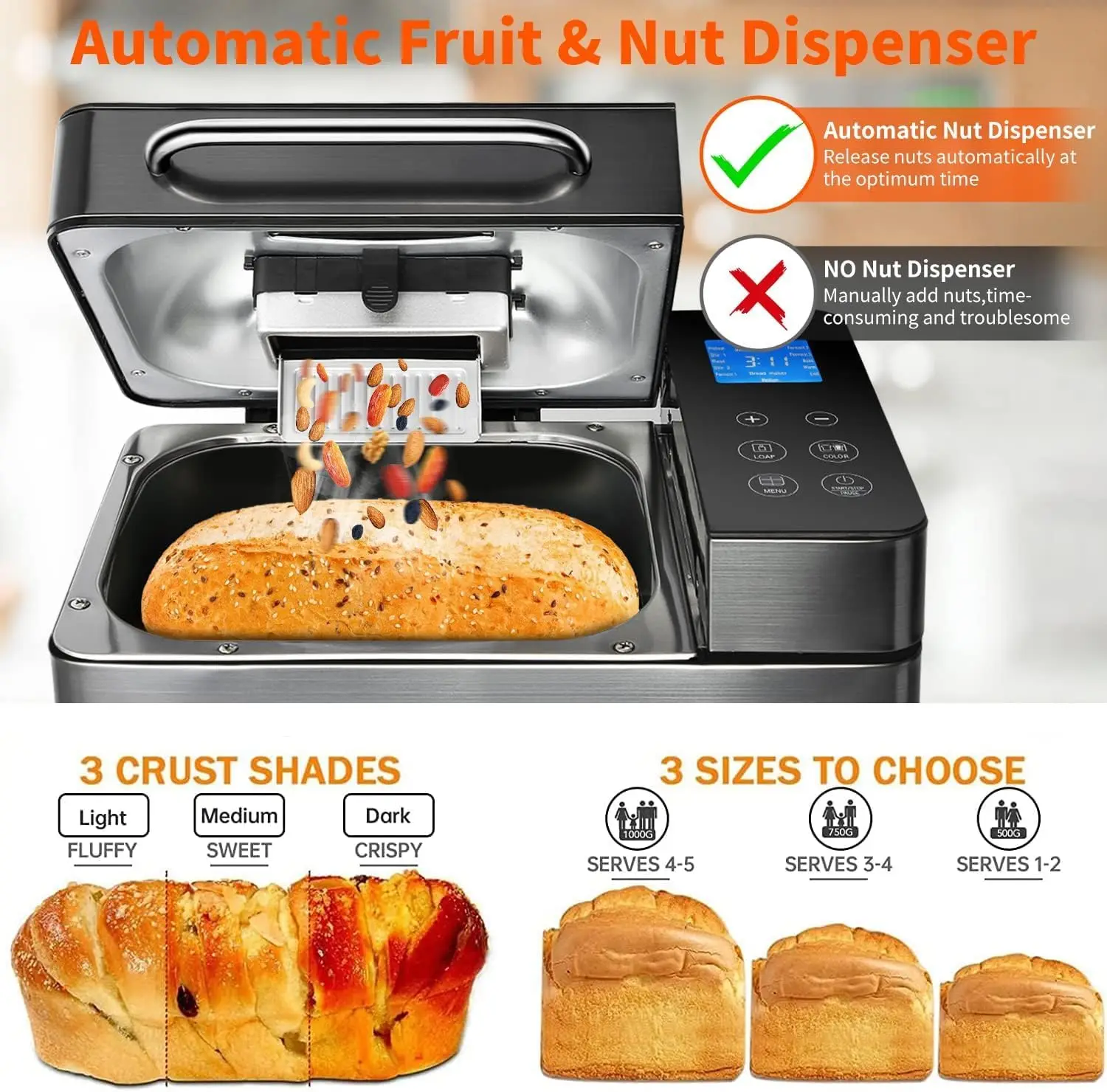 17-in-1 Bread Maker-Dual Heaters, 710W Machine Stainless Steel with Gluten-Free, Dough Maker,Jam,Yogurt PROG, Auto Nut Dispe 3