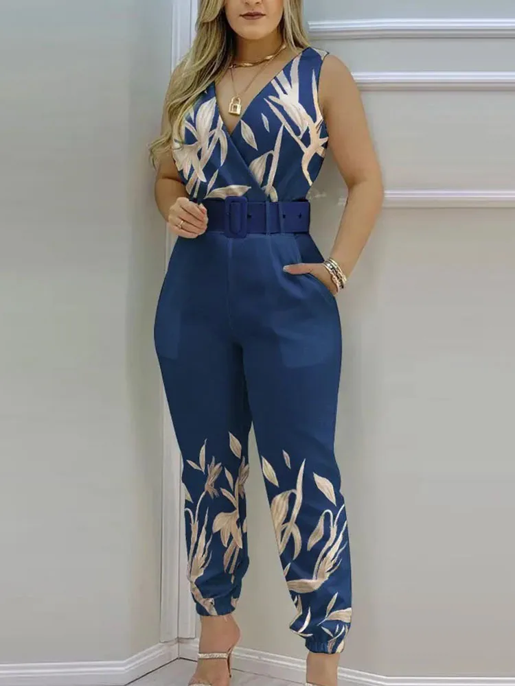 Women Fashion Floral Print Sleeveless Jumpsuits 2024 Summer V Neck Wide Leg Long Pants Rompers Boho Backless With Belts Jumpsuit