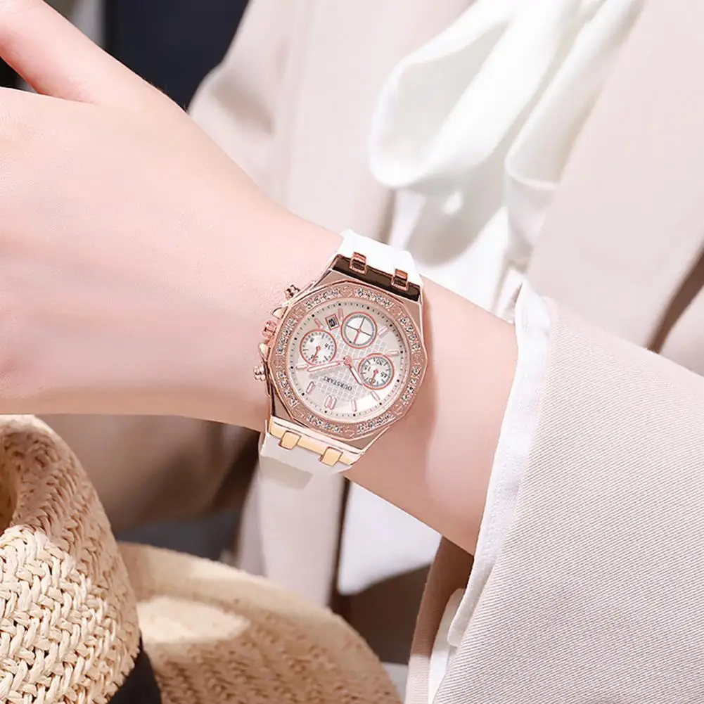 

Women Fashion Wristwatch Elegant Ladies Quartz Watch with Rhinestone Calendar Alloy Strap High Accuracy for Commute Timepiece