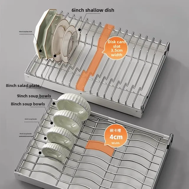 ชั้นวางจานสแตนเลสแบบดึงออกได้ ชั้นวางจานแบบลิ้นชัก ชั้นวางจานแบบมีรูระบายน้ำ ทนทาน ผลิตจากเหล็กแข็งแรง รางเลื่อนแบบลูกปืนเงียบ 2