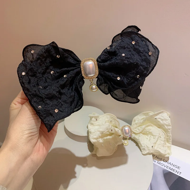 

Gypsophila Bright Crystal Rhinestones Light Yarn Wrinkle Bow Top Clip Spring New Elegant Temperament Hairpin Headwear