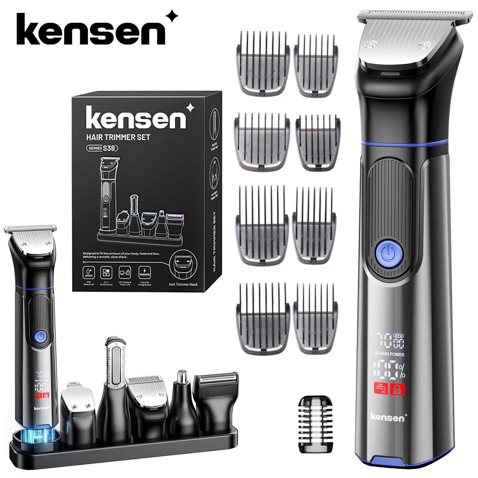 Tondeuse à cheveux électrique Kensen S38 pour hommes, 6 en 1, rasoir pour le corps, tondeuse à barbe et à poils du nez, étanche IPX6, machine à couper les cheveux, barbier 1