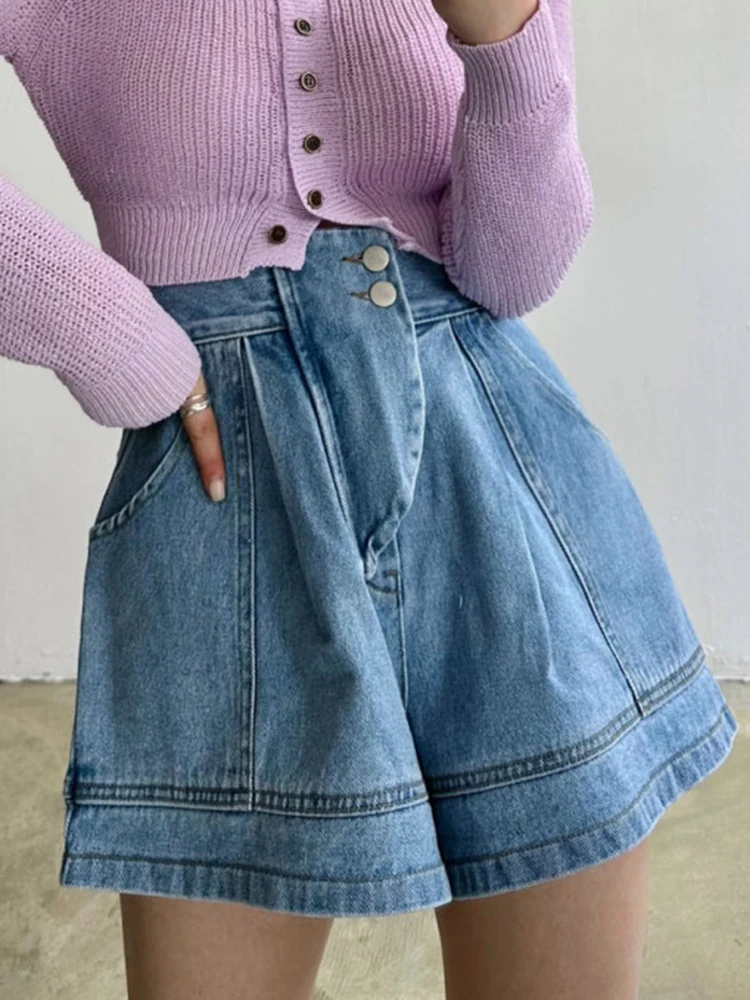 Retro 2 Buttons Wide Leg Jeans Shorts Pocket High Waist Shorts Trendy Korean Fashion Loose Casual Summer Beach Shorts 2024 New