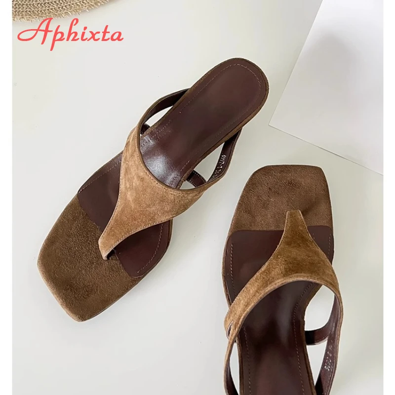 Aphixta Women Classic Slides Cow Suede Thin Heels Slippers For Women Summer Beach Sandals Outdoor Flip Flops Ladies Shoes