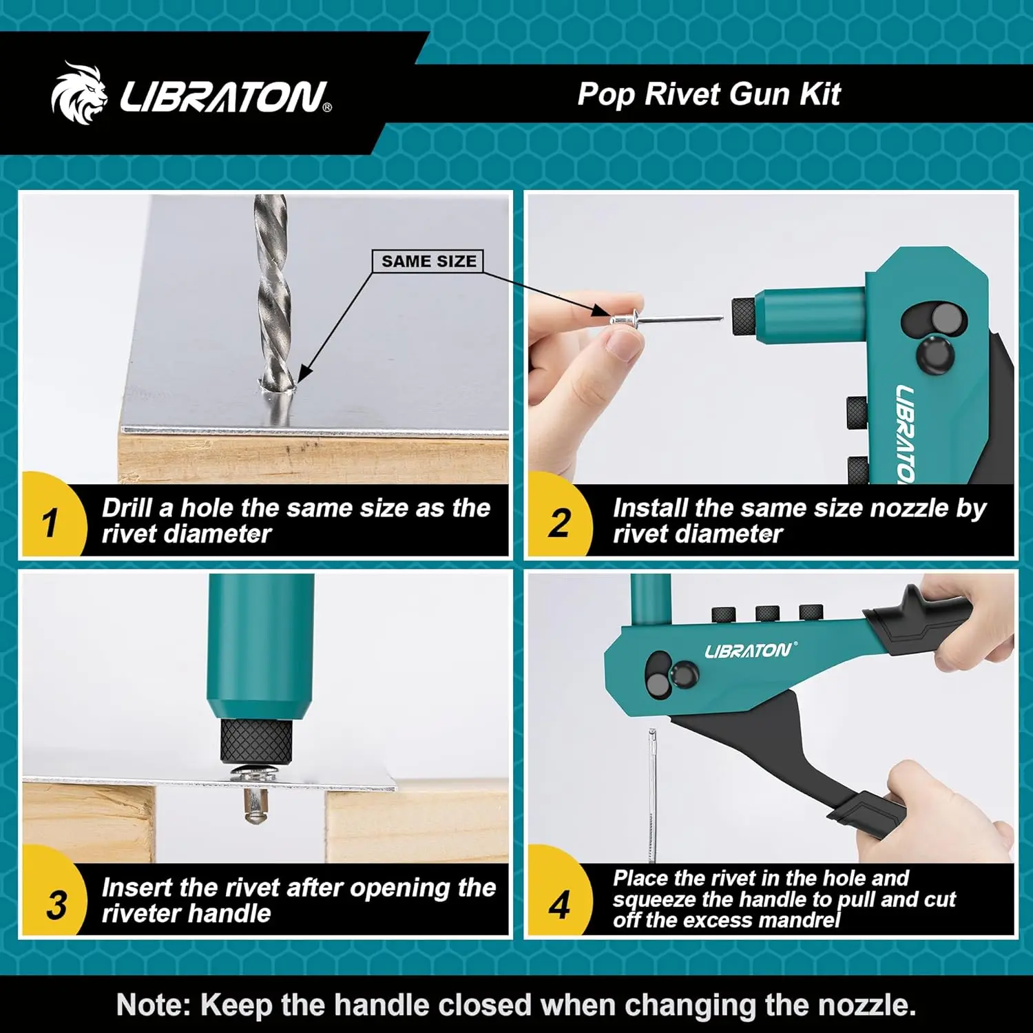 Libraton Rivet Gun Kit, Heavy Duty Manual Riveting Tool 1PC with 120 Blind Rivets, 4 HSS Drill Bits, 4 Tool-free Interchangeable 6