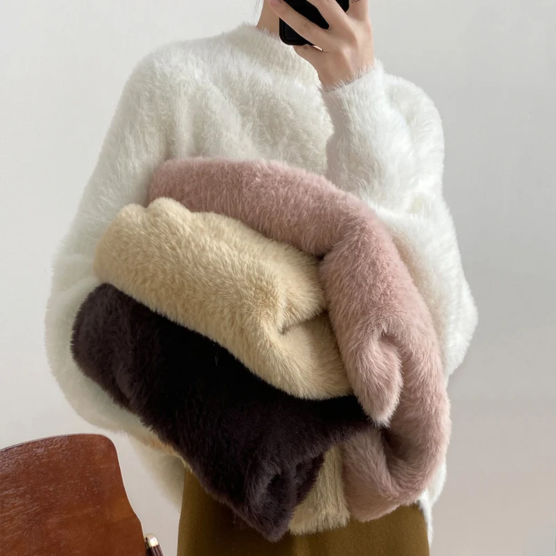 

2022 Winter Women's Sweater Soft Glutinous Faux Mink Fur Pullover Knitted Plush Top