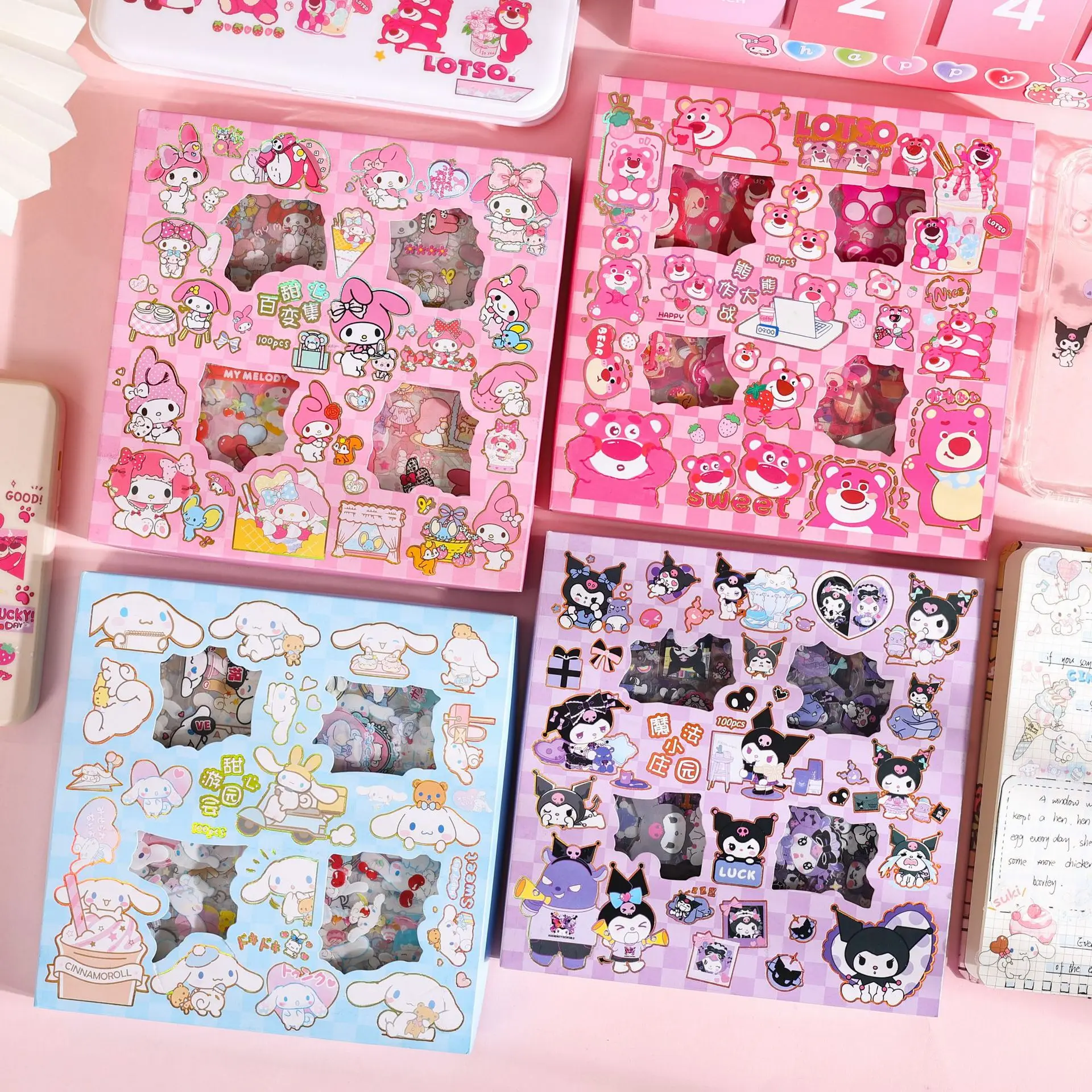 

100 Pcs Boxed Cartoon Pocket Stickers Hello Kitty Sanrio Creative Childrens Pocket Stickers Pvc Sticker Set Wholesale Kids Gifts