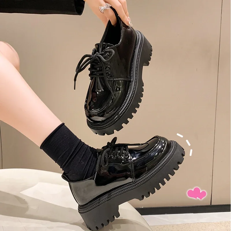 Solid Leather Oxford Shoes for Women Fashion Lace up Women Shoes Square Mid Heels Platform Shoes Zapatos De Mujer 5
