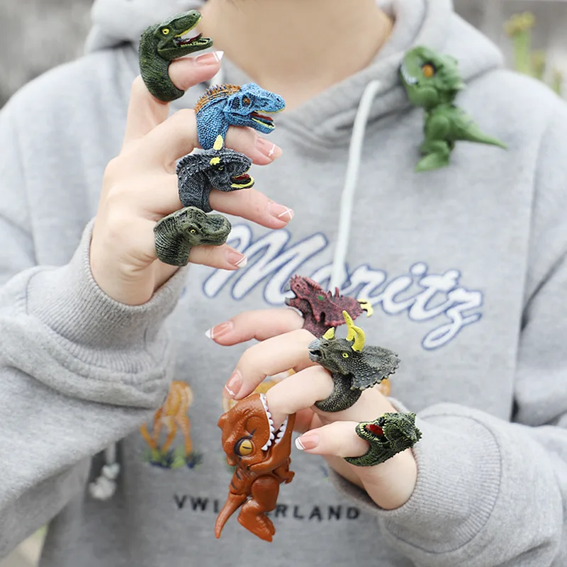 PVC 6Pcs/Set New Dinosaur Finger Ring Toys Simulation Wild Animals Birds Models Cognition Toy Funny Gifts for Kids Adults