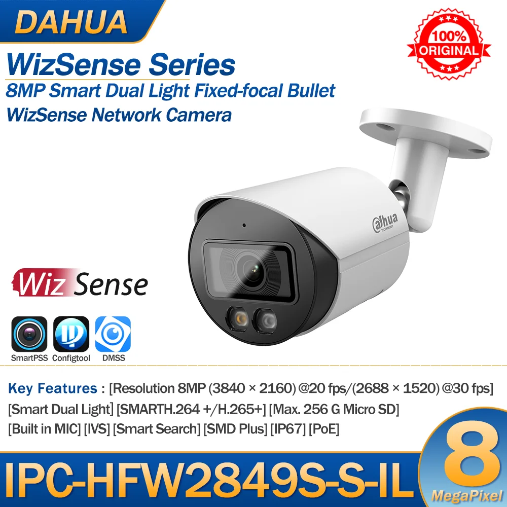 

Dahua 8MP IP Camera IPC-HFW2849S-S-IL 4K Smart Dual Light Bullet WizSense POE Full Color IR SD Card Slot Build in MIC IVS IP67