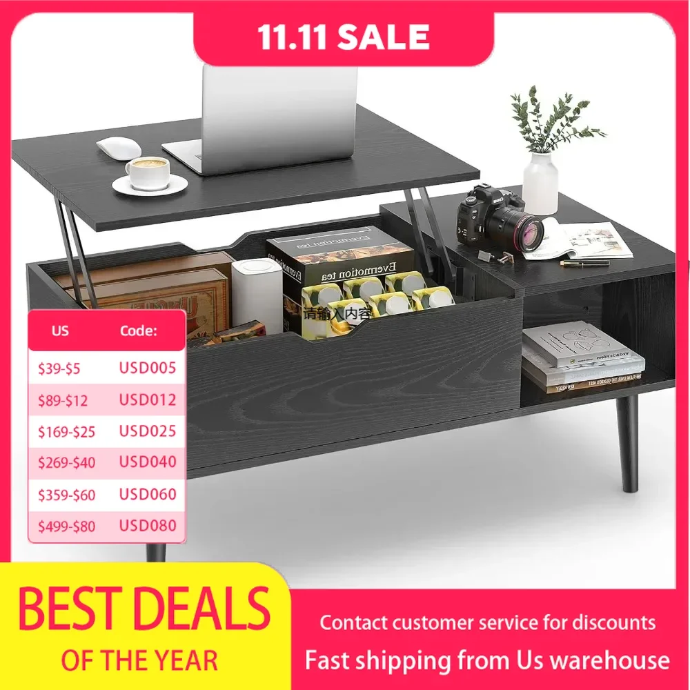 Coffee table, lift and small raised wooden coffee table for living room with storage shelves and hidden compartments