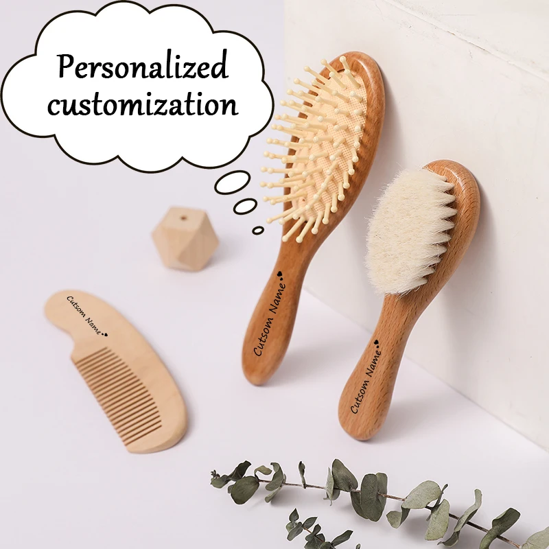 Personalized Baby Hair Comb Brush Set Natural Wooden Comb Wool Newborn Baby Hair Brush Gift