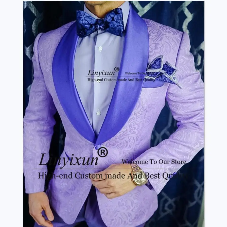 

Purple Men's Jacquard Suits Shawl Lapel Groom Wedding Tuxedos 2 Pieces Sets Male Prom Blazers Slim Fit Bridegroom Costume Homme