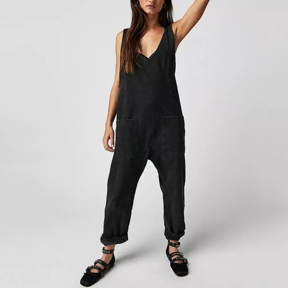 Wide-strap Jumpsuit Relaxed Fit Women's Denim Bib Overalls with Adjustable Straps Pockets Stylish Streetwear for Casual Jumpsuit