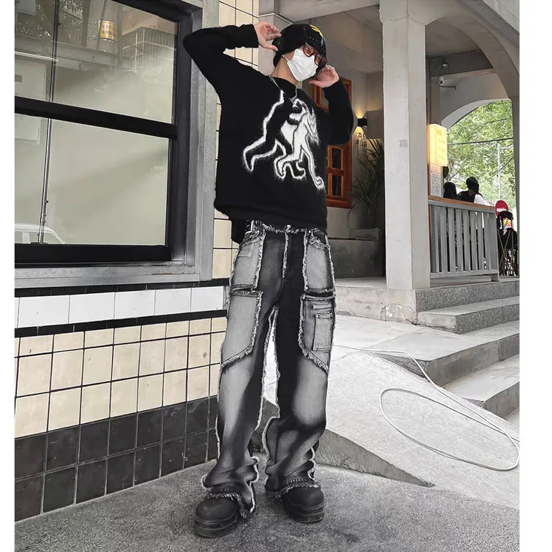 Men's Women's Y2K Jeans Oversized Denim Pants Straight Trousers Patchwork Black Gothic Baggy Jeans Y2K Streetwear Techwear Men