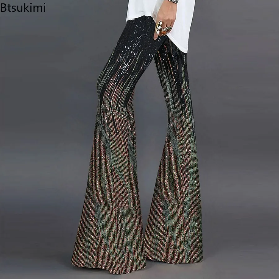 2024Women's Sequin High Waist Wide Leg Pants Striped Shiny Flared Long Pants Female Glitter Ladies Trousers for Club Disco Party sequin sexy skirt women skirt package hip slim pencil skirt femininas elegant ladies female party wear casual skirts