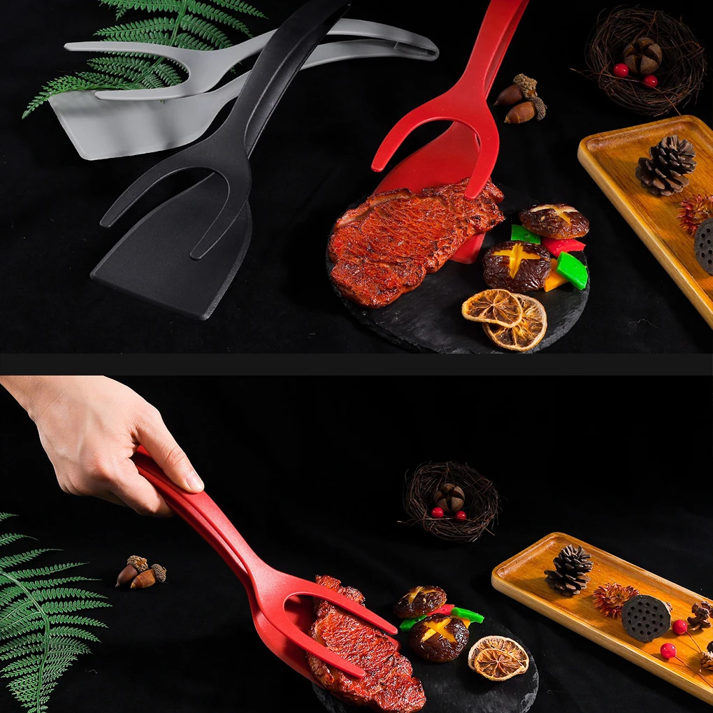 Non Stick 2 In 1 Pancake Spatula French Fries Turners Egg Clamp Frying Steak Pancake Tongs Toast Omelet Clip Kitchen Accessories food tongs