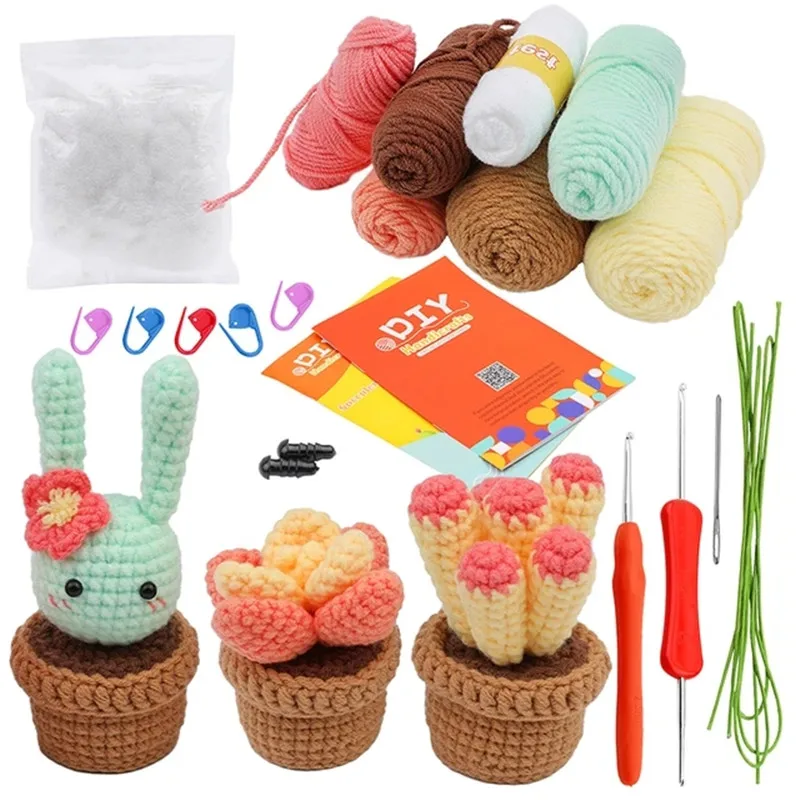 

MIUSIE Non Finished Cactus Potted Plant Crochet Material Package Keychai Key Holder Crochet Set Creative DIY Knitting Kit