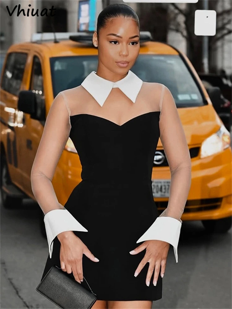 Vhiuat, minivestido de malla de manga larga con cuello vuelto para