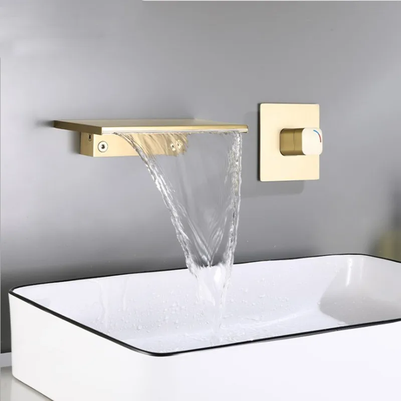 

Gun Grey Bathroom Basin Faucets Soild Brass Sink Mixer Hot & Cold In-Wall Single Handle 2 Holes Lavatory Crane Waterfall Taps