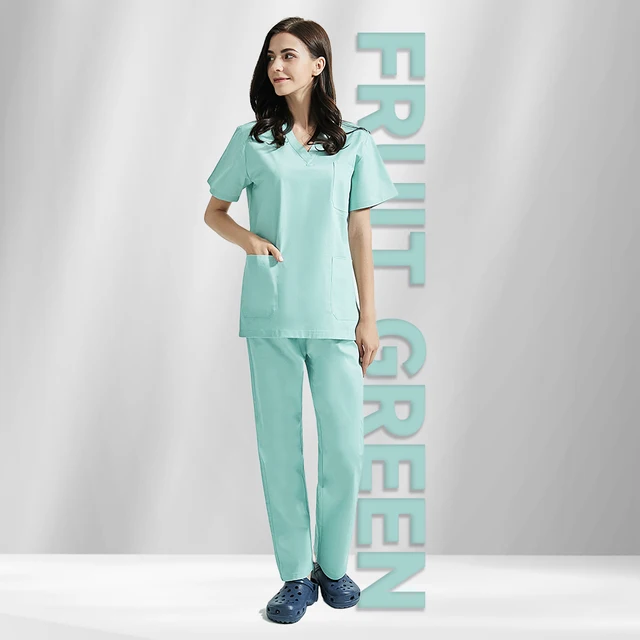 High Quality V-neck Scrub Tops Beauty Salon Nursing Elastic Waist Pants Unisex Breathable Surgery Uniform Medical Accessories Fruit Green