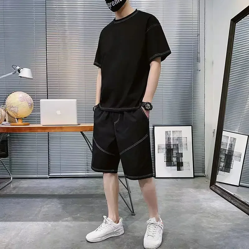 

Спортивный костюм без логотипа для мужчин, тренировочные шорты и футболка, модный однотонный топ в Корейском стиле, размер Xl