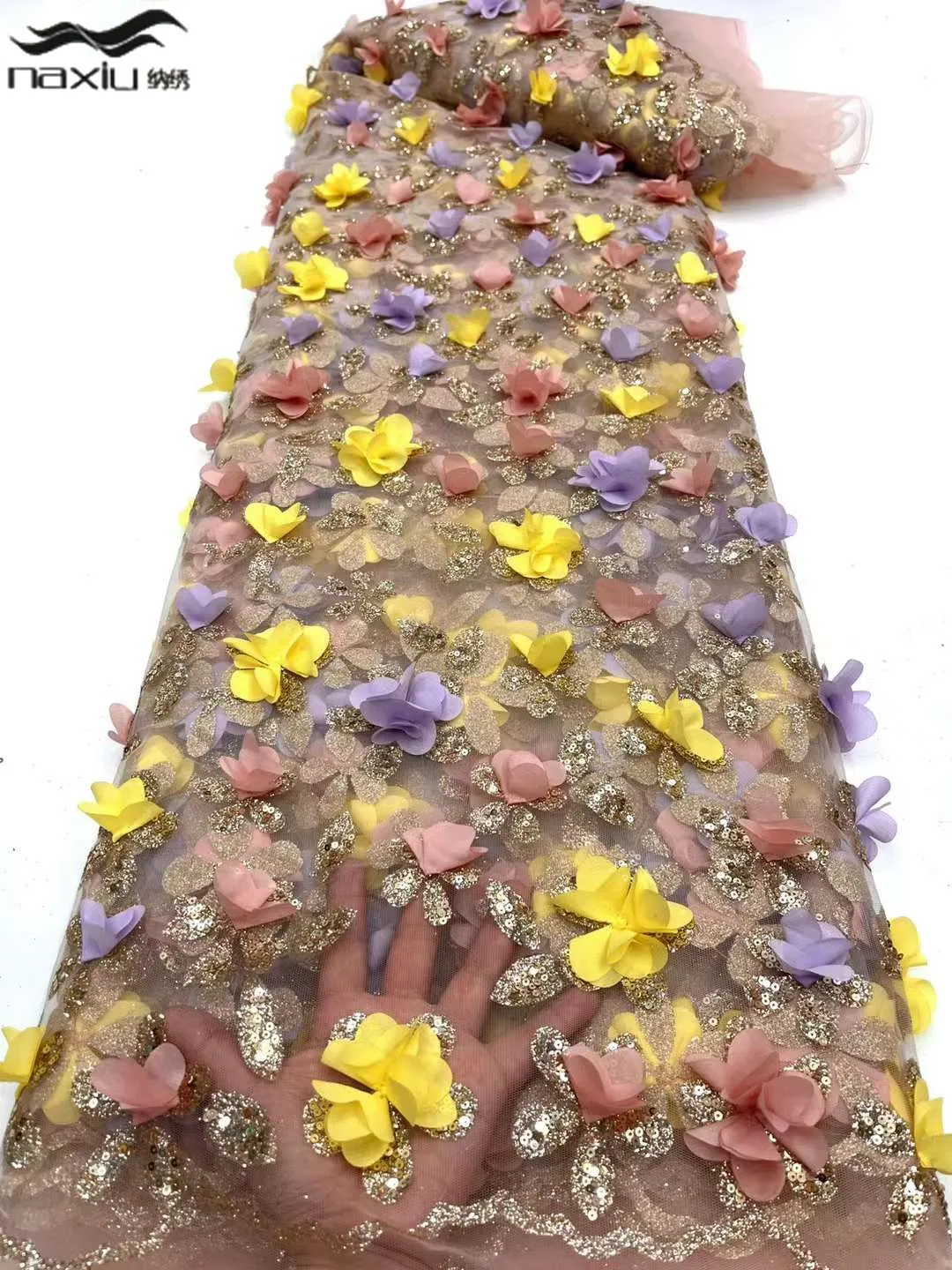 

Madison Latest Fashion African 3D Flower Embroidery Lace Fabric High Quality Glue Sequins French Tulle Lace Fabric for Wedding