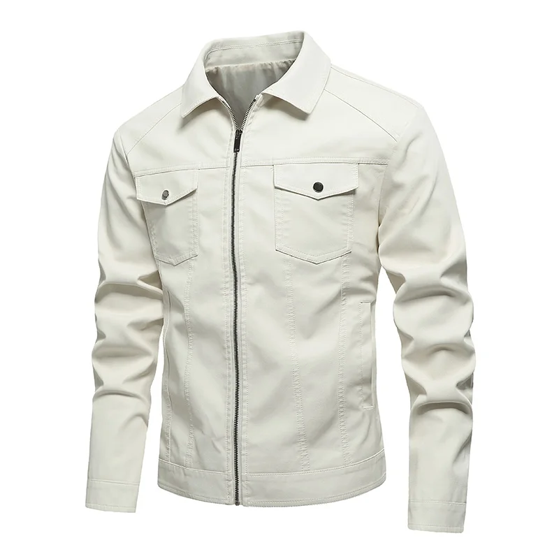 Men's Leather Jacket Motorcycle Windproof Multi Pocket Tactical PU Coat Fashionable and Versatile Solid Color Men's Leather Coat
