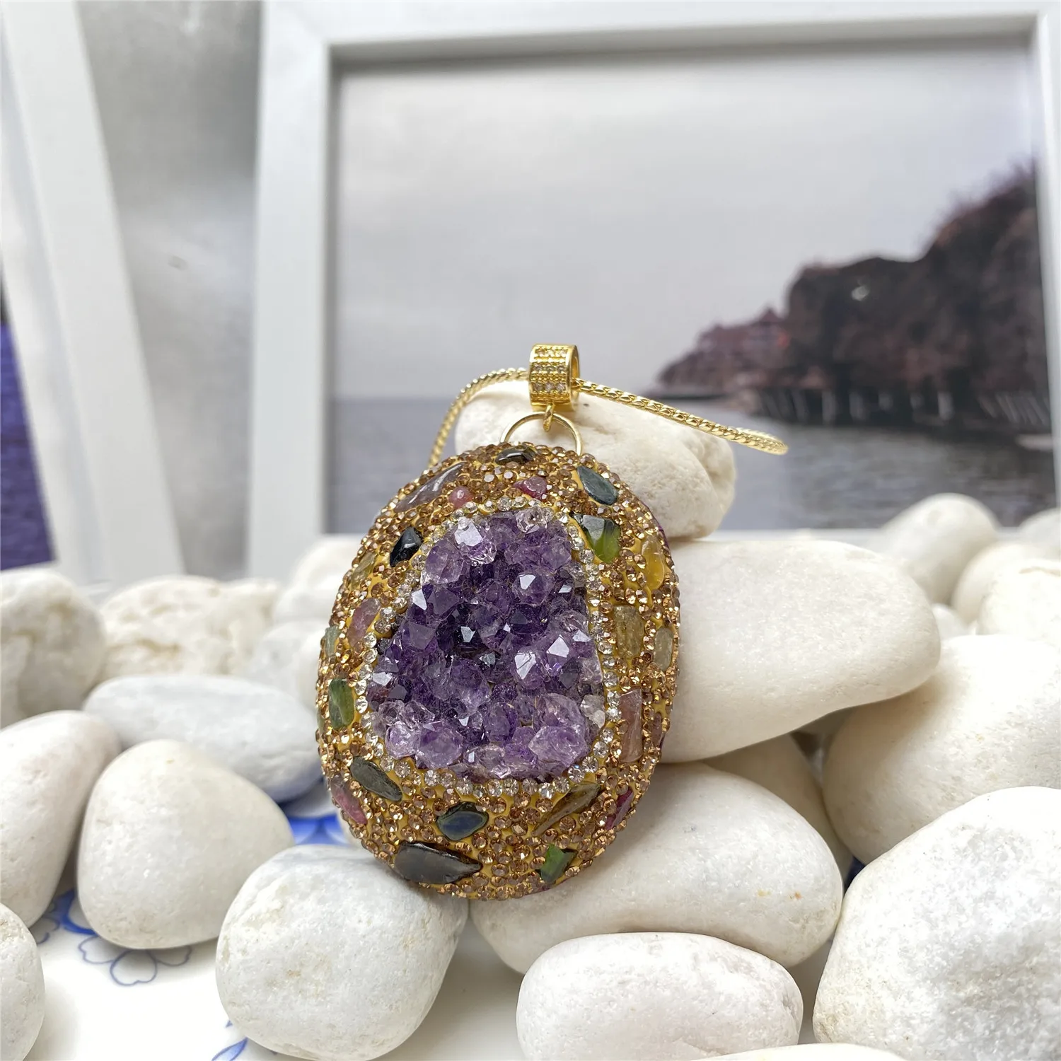 

Natural Amethyst Tourmaline Rhinestone Pendant Ladies European and American Exaggerated Popular Fashion Versatile Necklace