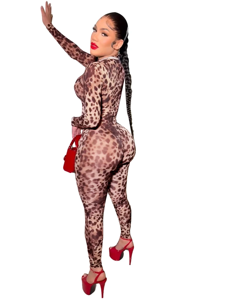 Leopard Print Zip Overall Frauen Sexy Y2k Streetwear Ein Stück Langarm Club Body Overall Mädchen Fitness Gepard Strampler – Detail 5