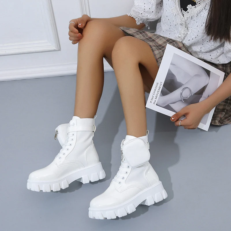 Black Punk Ankle Thick-soled Motorcycle Ankle Boots Women's Lace-up Spring Thick Heel Belt Buckle Pocket Designer Chunky Shoes 