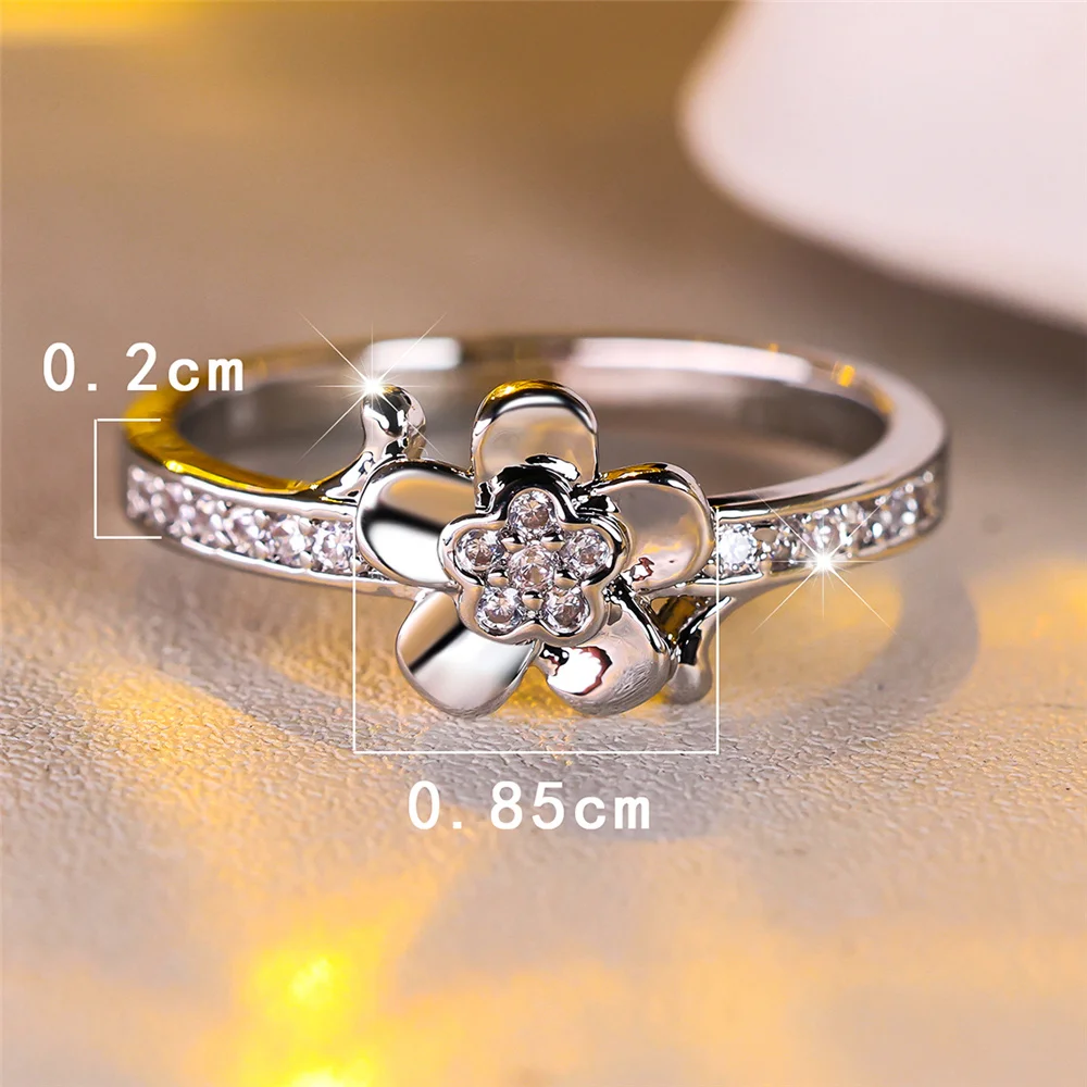 Luxury Female Crystal White Zircon Stone Flower Engagement Ring Vintage Silver Color Wedding Jewelry For Women