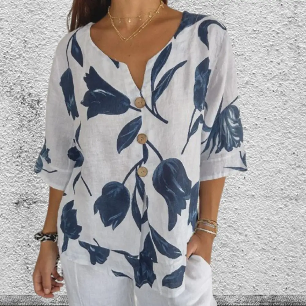 

Women V-neck Blouse Leaf Printed V Neck Blouse for Women Retro Three Quarter Sleeve Shirt with Contrast Color Soft Breathable