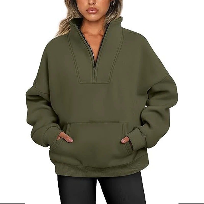 2023 Winter New Solid Color Stand Collar Long Sleeve Fashion Sweatshirts Women Casual Loose Zipper Pockets Screw Thread Pullover