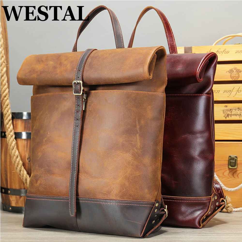 

WESTAL Retro Cowhide Motorcycle Backpack 15.6 Inch Laptop Bag Travel Notebook Bagpack Anti-theft School Bag Designer Luxury